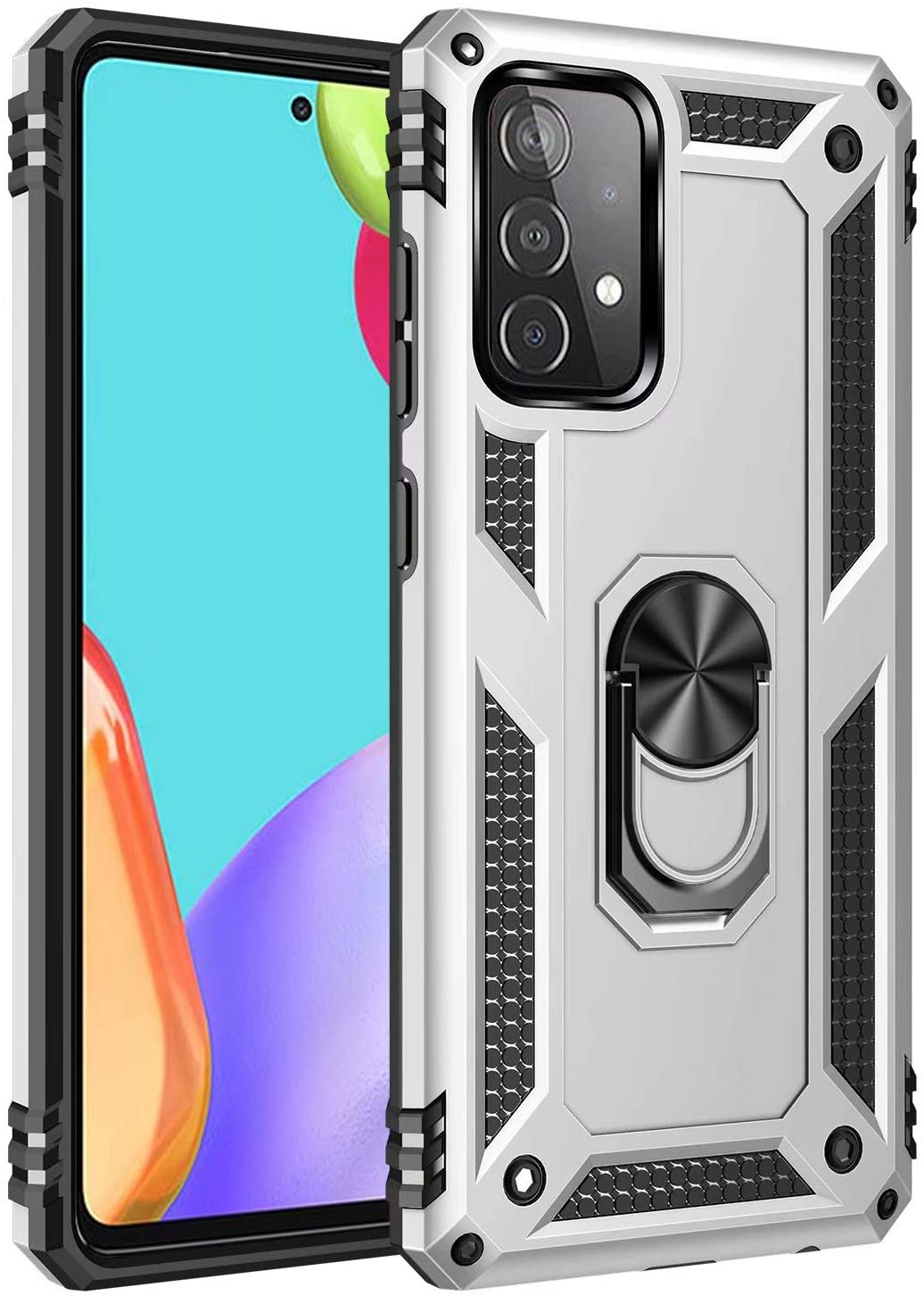 Tech Armor Ring Stand Grip Case with Metal PLATE for Samsung Galaxy A02S (Silver)